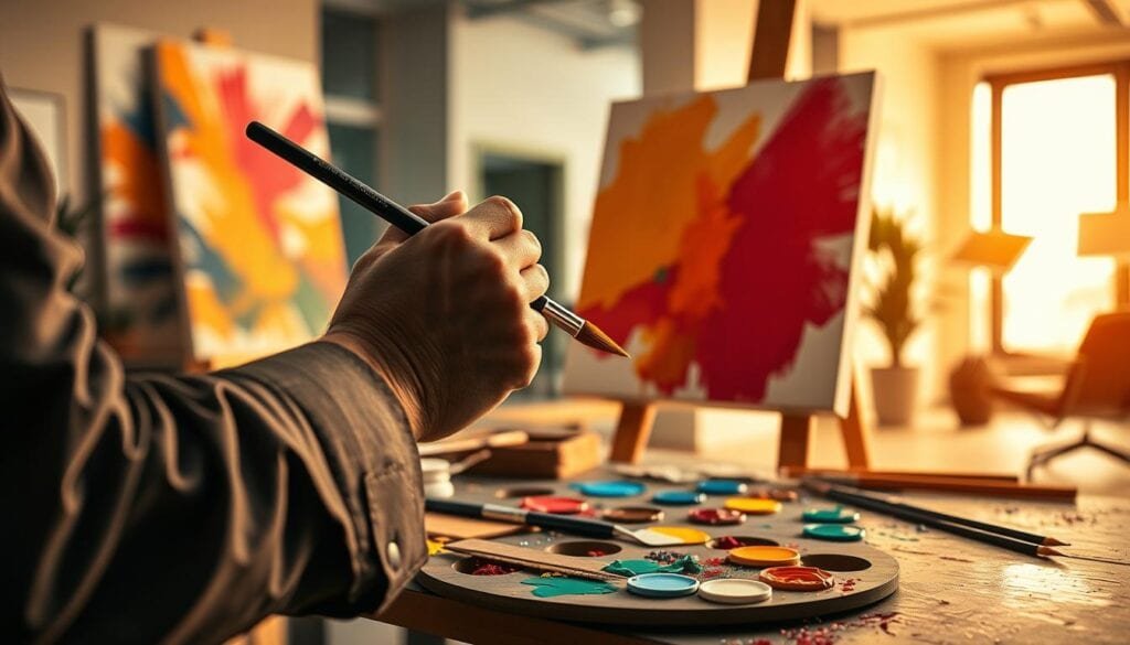Vibrant oil painting showcasing various stress-relieving painting techniques. In the foreground, a skilled artist's hands delicately applying broad, expressive brushstrokes with bold, saturated colors. The middle ground reveals an array of painting tools and media - palette knives, vibrant acrylic paints, and textured canvases. The background depicts a serene, modern office space, bathed in warm, cinematic lighting, creating a calming, therapeutic atmosphere. The overall scene captures the therapeutic power of artistic expression, inviting the viewer to immerse themselves in the creative process as a means of stress relief. Photorealistic, 8k quality.