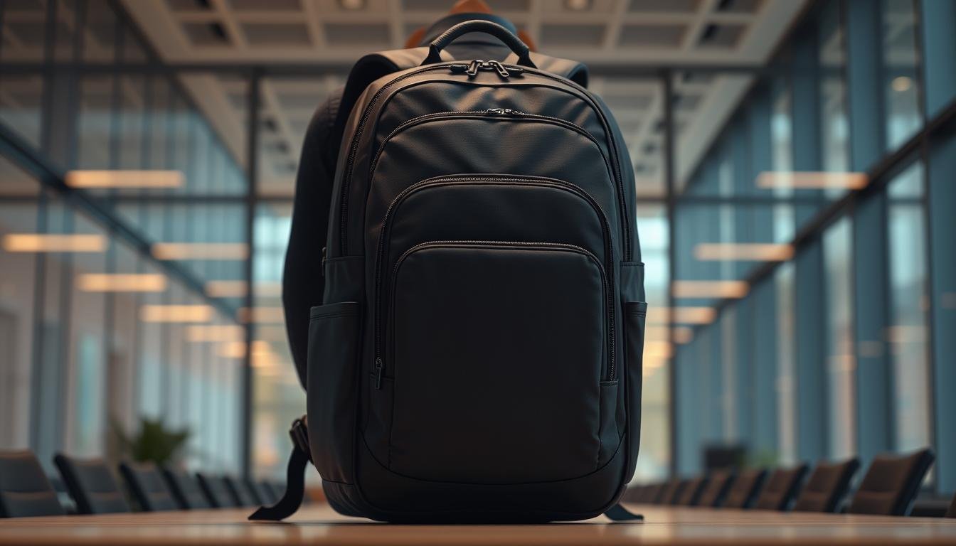 Black travel backpack with multiple compartments.