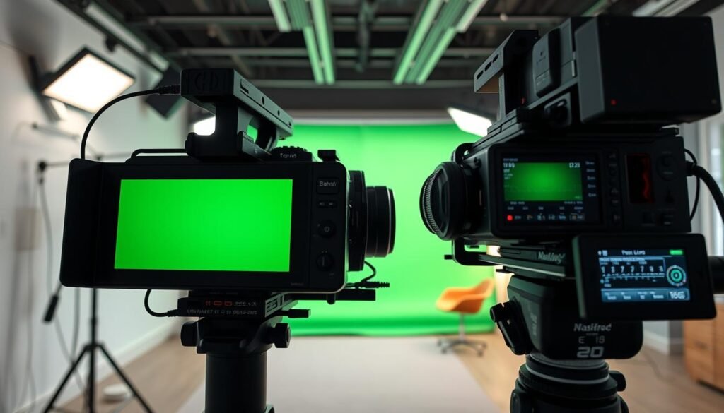 camera settings for green screen, professional video production studio, cinematic lighting setup with key, fill, and backlight, camera positioned at eye level, wide angle lens with shallow depth of field, modern and minimalist office interior with clean lines and neutral colors, 8k resolution for high-quality image capture, advanced camera controls and settings displayed on digital display, professional video equipment and accessories neatly arranged, atmosphere of focused creativity and technical precision
