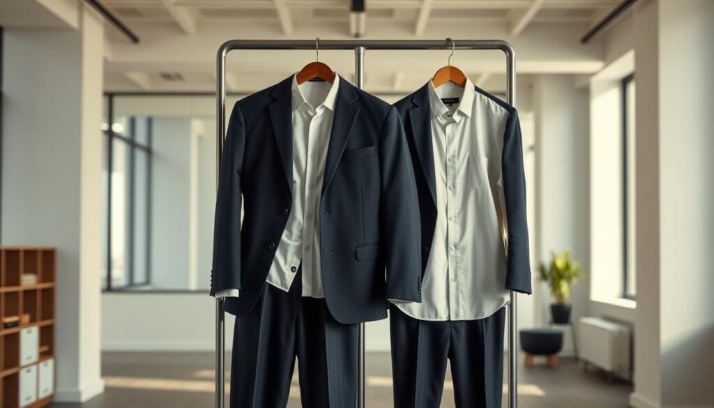Business suit with white shirt.