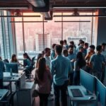 Networking event in modern office space.