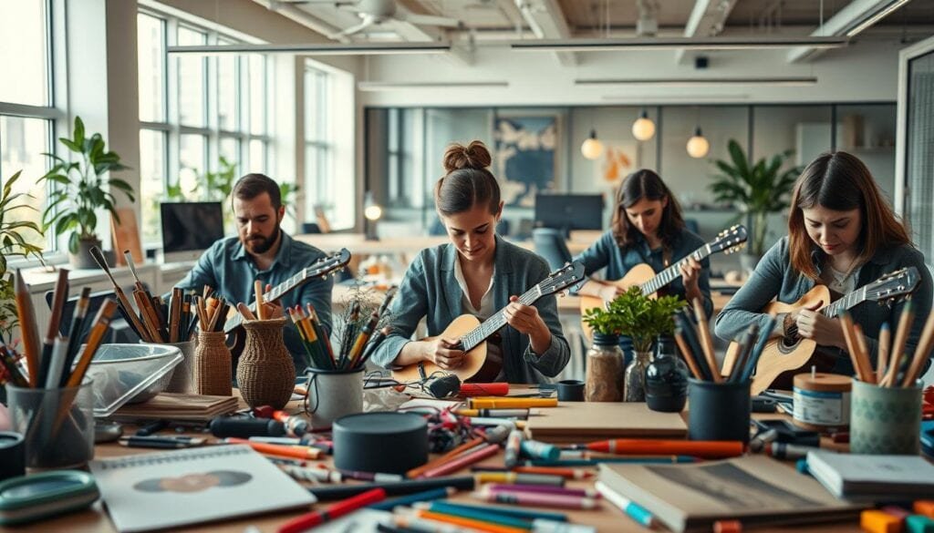 Guitar players in a modern workshop.