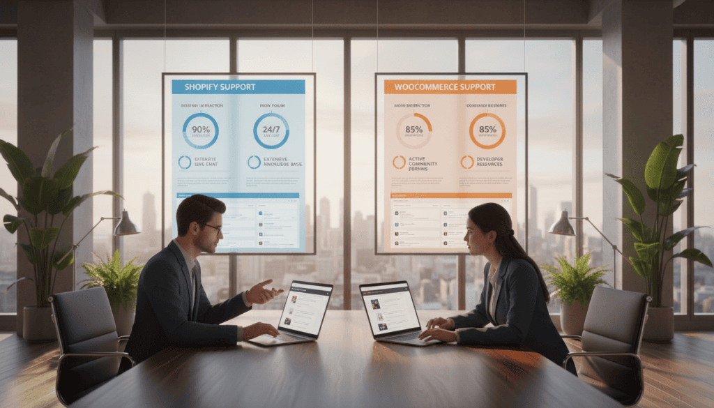 Support comparison of Shopify and WooCommerce platforms.