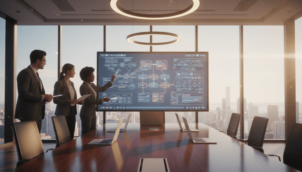 Business professionals reviewing a presentation.