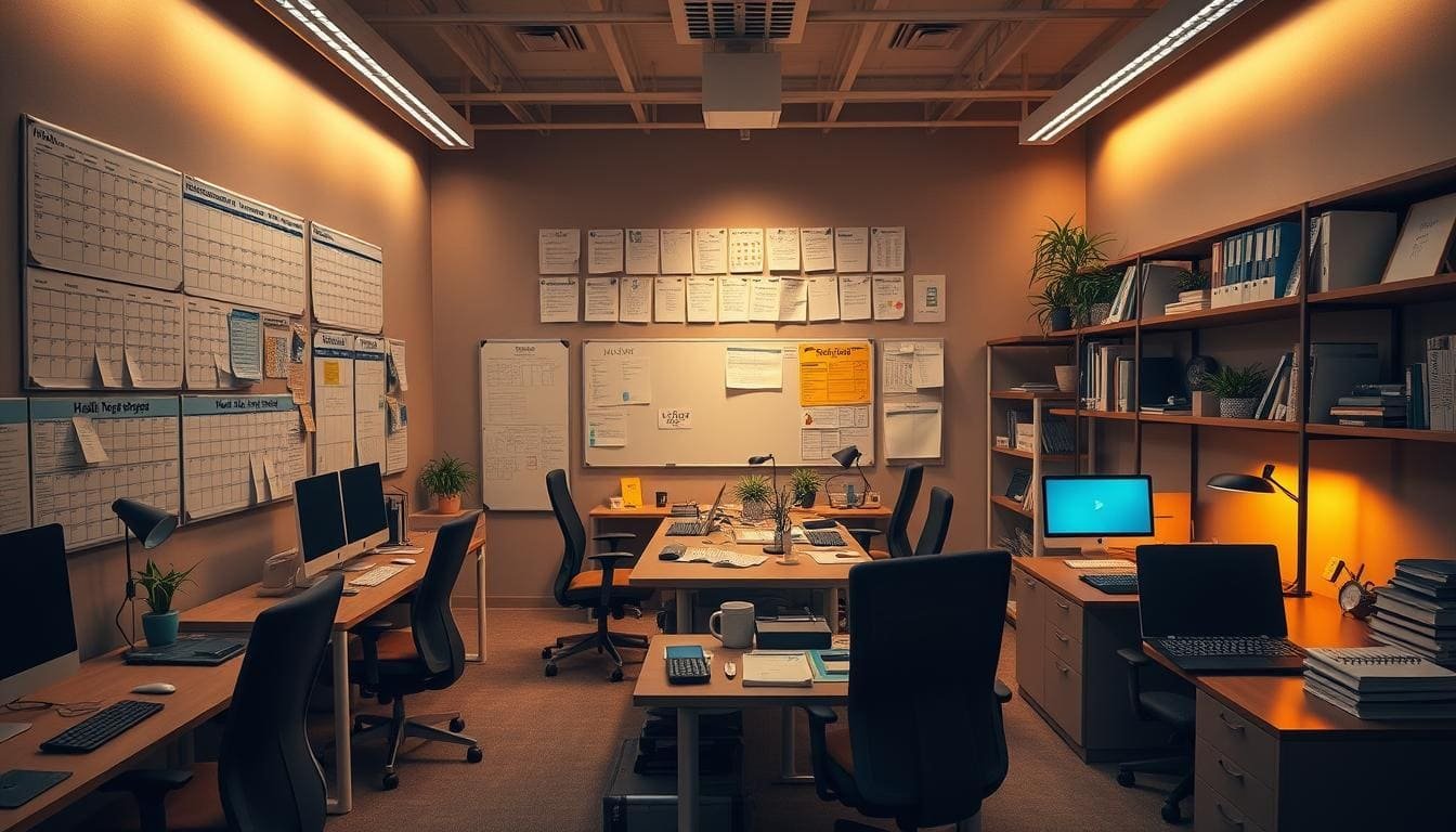 Modern office with desks, computers, whiteboard, and shelving.