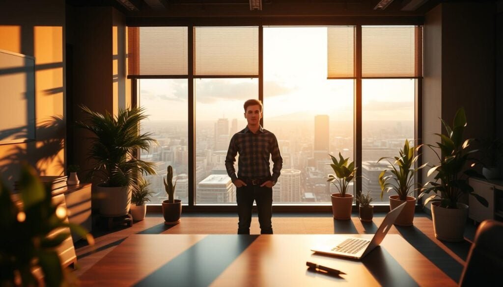 Man standing in modern office at sunset.