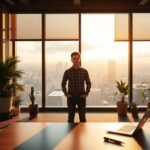 Man standing in modern office at sunset.