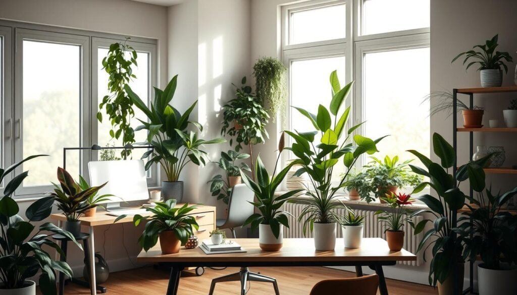 Lush green houseplants in bright sunlight.