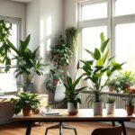 Lush green houseplants in bright sunlight.