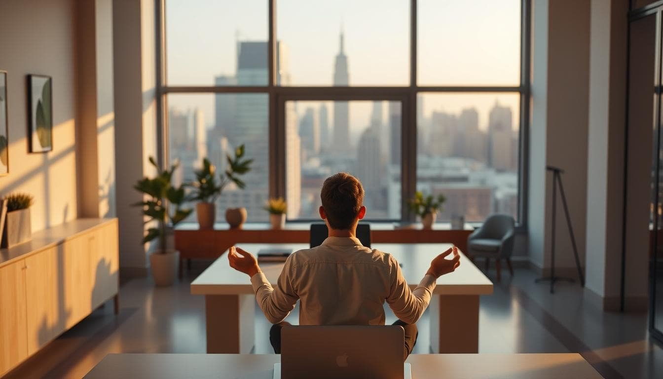 Young man meditating at work desk with city view.