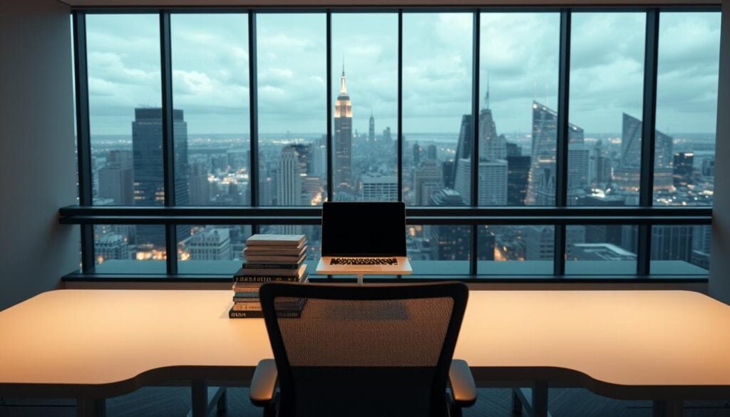 Bright office view of NYC skyline.