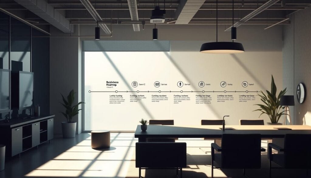 Modern office with funding stages displayed