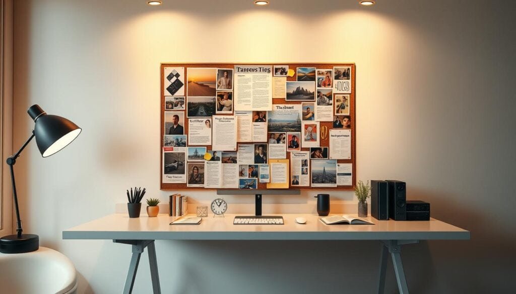 Workspace with desk and corkboard.