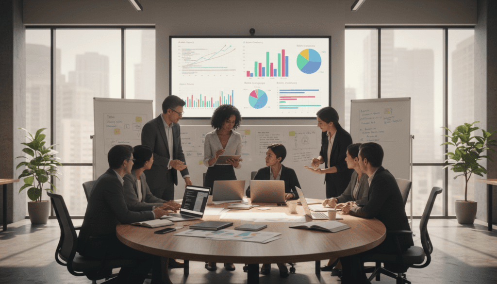 A modern office scene showcasing agency scalability and project management. In the foreground, a diverse team of professionals in business attire, including men and women of varying ethnicities, are collaborating around a sleek conference table filled with laptops, charts, and project plans. In the middle ground, a large digital screen displays colorful graphs and project timelines, illustrating progress and efficiency. The background features large windows that allow natural light to flood the space, creating a warm and inspiring atmosphere. Soft shadows enhance the depth, while a slightly blurred view of a city skyline adds context. The overall mood is focused and productive, embodying a contemporary workspace designed for collaboration and growth. Cinematic lighting enriches the scene, rendering it in photorealistic detail at 8k resolution.