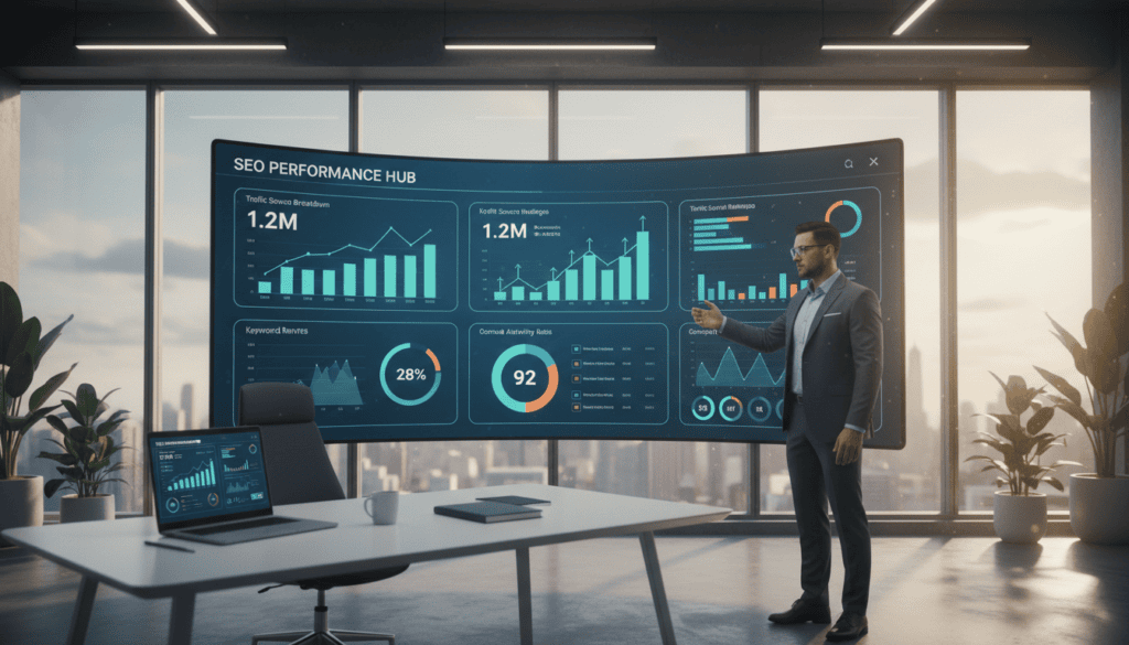 A sleek, modern office setting featuring a high-tech dashboard interface displayed on a large screen. In the foreground, a professional user in business attire interacts with the interface, showcasing clear visual elements like graphs, charts, and SEO metrics. The middle ground reveals a stylish desk with a laptop and stationery, while the background has large windows letting in soft, natural light, creating an inviting atmosphere. The scene is captured with a cinematic lens effect, highlighting the dashboard's usability with vivid colors and sharp details. The overall mood is professional and focused, emphasizing the functionality and aesthetics of user interface design in a modern workspace.