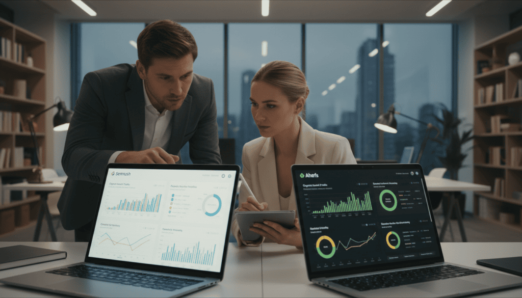 Business professionals reviewing analytics on laptops.
