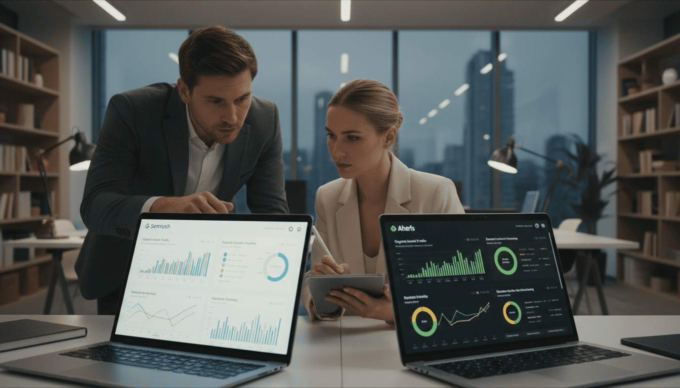 Business professionals reviewing analytics on laptops.