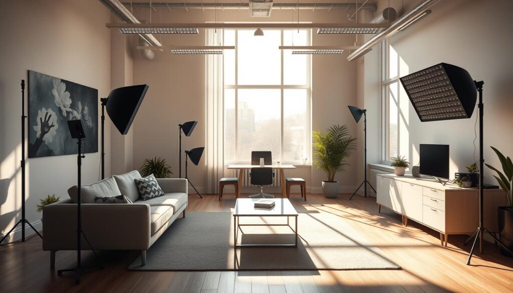 A bright, airy modern office space with a mix of natural and artificial lighting techniques. Soft, directional sunlight streams through large windows, casting warm shadows on the clean, minimalist furniture. Strategically placed LED panels provide additional illumination, creating a balanced, cinematic lighting setup. The scene has a professional, yet inviting atmosphere, perfect for a content creator's studio. The camera is positioned to capture the dynamic interplay of light and shadow, highlighting the various lighting elements in a photorealistic 8k rendering.
