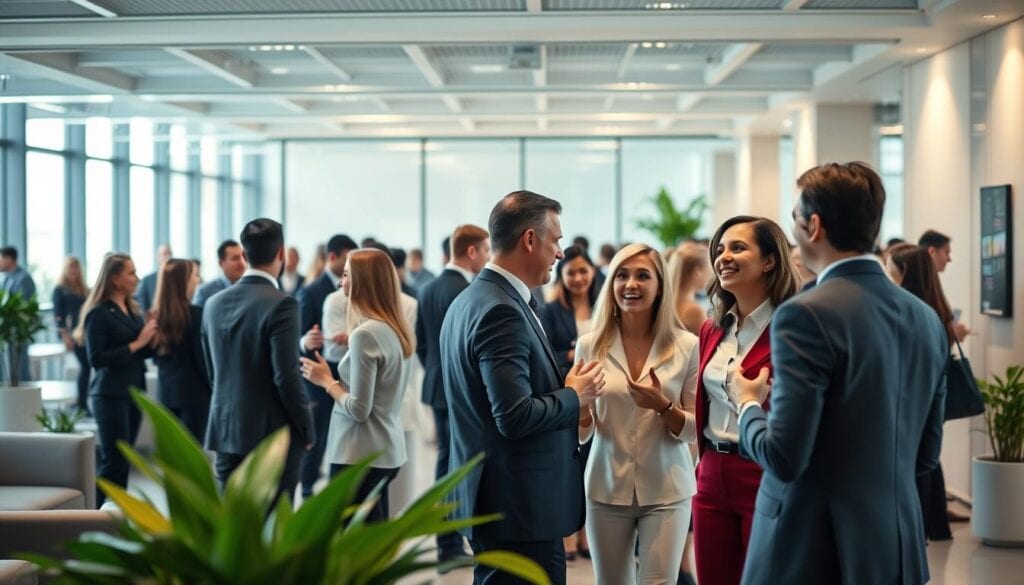 A bustling business networking event in a modern, well-lit office space. Sleek, minimalist furniture and potted greenery set the tone. Subtle cinematic lighting casts a warm glow, creating an inviting atmosphere. Smartly dressed professionals mingle, engaged in animated conversations, their faces lit with enthusiasm. The scene is captured in stunning 8k resolution, capturing every detail.