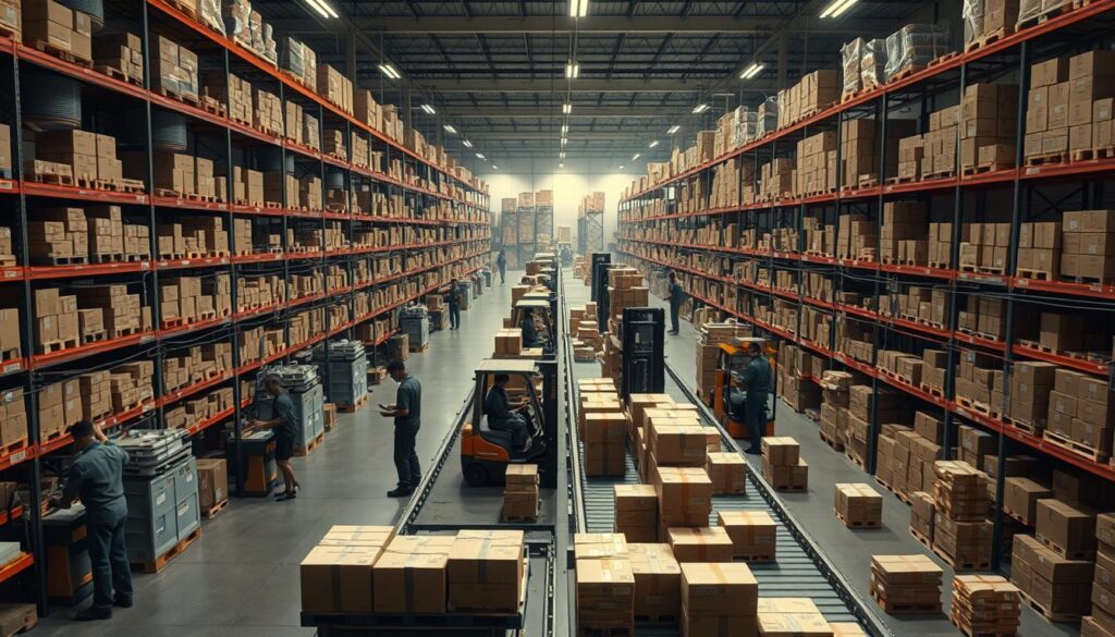 Workers organizing packages in a large warehouse.