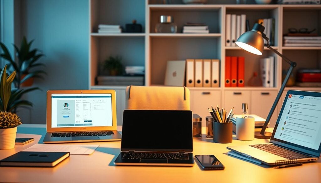 Modern workspace with laptops, notebooks, and stationery.