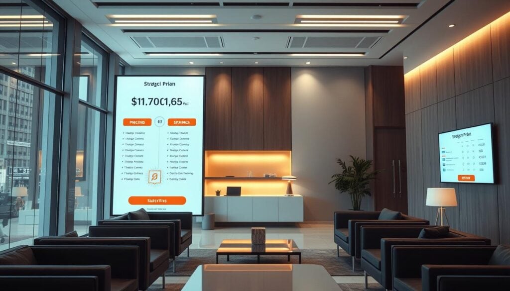 Modern conference room with digital screens and seating.