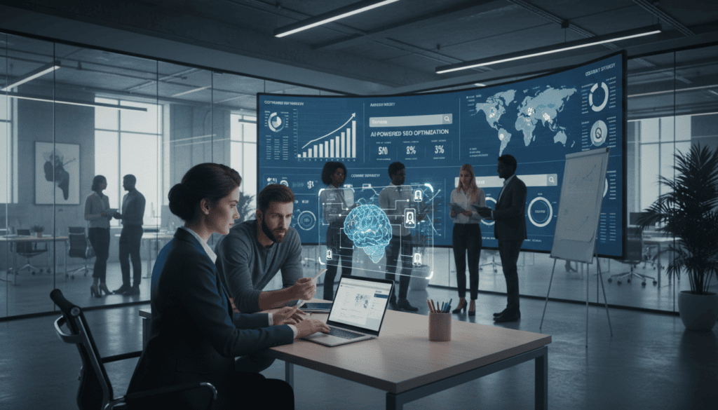 A modern office environment, bathed in cinematic lighting, showcasing a diverse group of professionals collaborating on an SEO content strategy. In the foreground, a confident woman in smart business attire sits at a sleek desk, analyzing data on a laptop, while a man next to her discusses a digital marketing strategy on a tablet. In the middle ground, a large digital screen displays graphs and analytics related to SEO performance. The background hints at a contemporary office space with glass walls, showcasing a bustling team engaged in creative discussions. The overall atmosphere is focused and innovative, emphasizing the collaboration in leveraging AI tools for enhancing SEO strategies, rendered in photorealistic 8k quality for depth and clarity.