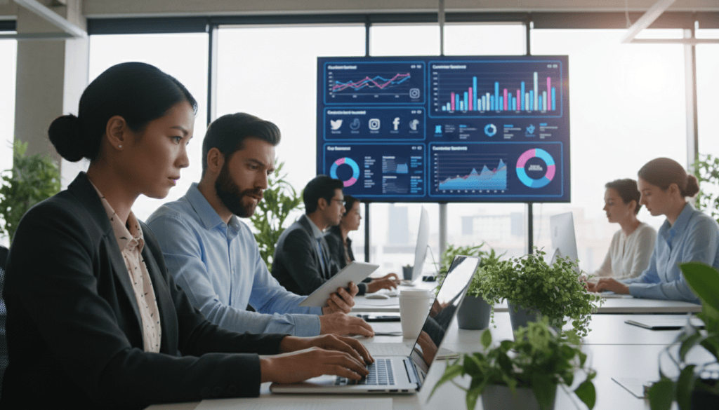 A modern office environment featuring a diverse group of professionals engaged in social media customer service discussions. In the foreground, a woman in smart business attire is energetically typing on a laptop, while a man beside her, dressed in business casual, is analyzing data on a tablet. In the middle ground, a large screen displays real-time social media interactions and analytics. The background is filled with green plants and large windows allowing natural light to illuminate the space, creating a warm and inviting atmosphere. The setting is enhanced by cinematic lighting that highlights their focused expressions and teamwork. The image captures the essence of social engagement, with charts and graphs subtly reflected on the screen. 8k resolution for photorealistic detail.