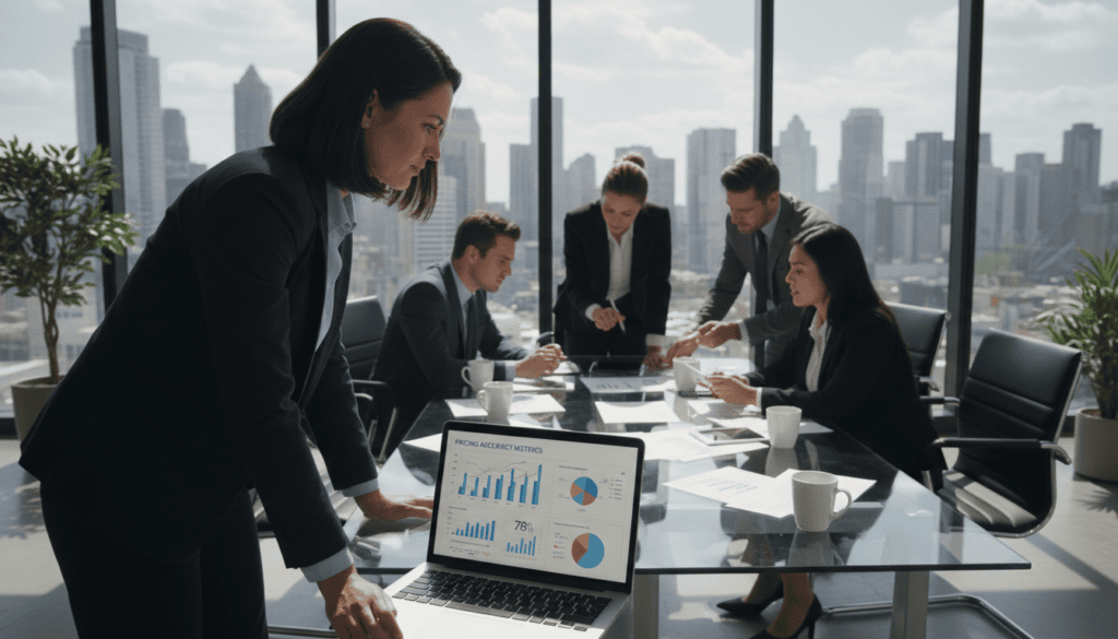 Business team discussing data on laptop.