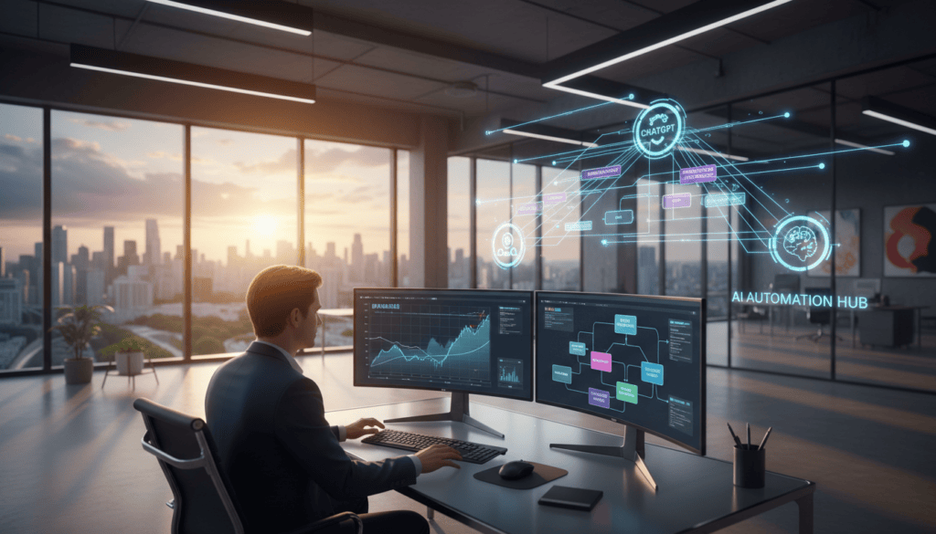 A modern office environment featuring a sleek workstation with dual monitors displaying dynamic automation workflows and AI image tools. In the foreground, a professional in business attire is analyzing data on one screen while a colorful flowchart of integration processes appears on the other. The middle ground includes elements symbolizing AI, such as digital icons representing ChatGPT and Zapier, connected by glowing lines to illustrate connectivity and automation. The background showcases a panoramic window view of a vibrant cityscape, bathed in natural light, highlighting the synergy between technology and creativity. The overall atmosphere is one of innovation and efficiency, with cinematic lighting enhancing the modern aesthetic, rendered in stunning 8k resolution.