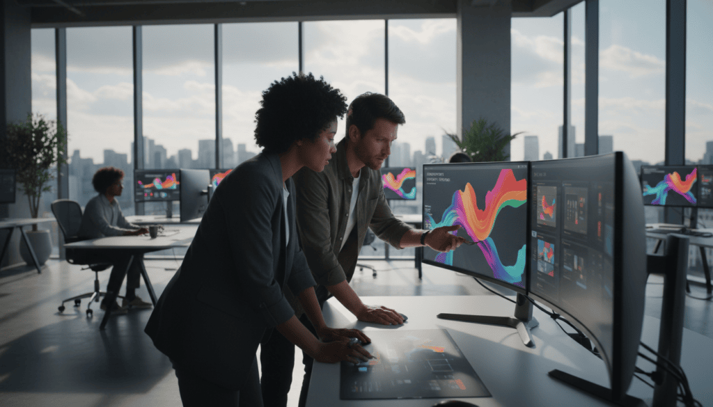 A modern office environment featuring two professionals engaged in responsive design vector editing on high-end computers. The foreground shows a diverse team, one woman and one man, both in smart casual attire, intensely collaborating over a digital interface. The middle ground displays vibrant screens with dynamic design elements, showcasing responsive layouts and vector graphics. The background features large windows with natural light streaming in, casting gentle shadows, and a sleek, minimalistic design aesthetic. The atmosphere is focused and dynamic, highlighting creativity and collaboration in UI/UX design. The image is rendered in photorealistic 8k quality with cinematic lighting, emphasizing the modern tools and processes used in design. A modern office environment featuring two professionals engaged in responsive design vector editing on high-end computers. The foreground shows a diverse team, one woman and one man, both in smart casual attire, intensely collaborating over a digital interface. The middle ground displays vibrant screens with dynamic design elements, showcasing responsive layouts and vector graphics. The background features large windows with natural light streaming in, casting gentle shadows, and a sleek, minimalistic design aesthetic. The atmosphere is focused and dynamic, highlighting creativity and collaboration in UI/UX design. The image is rendered in photorealistic 8k quality with cinematic lighting, emphasizing the modern tools and processes used in design.
