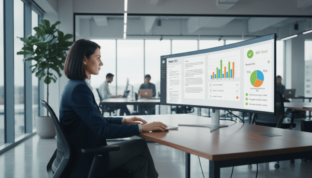 Businesswoman analyzing data and charts on computer.