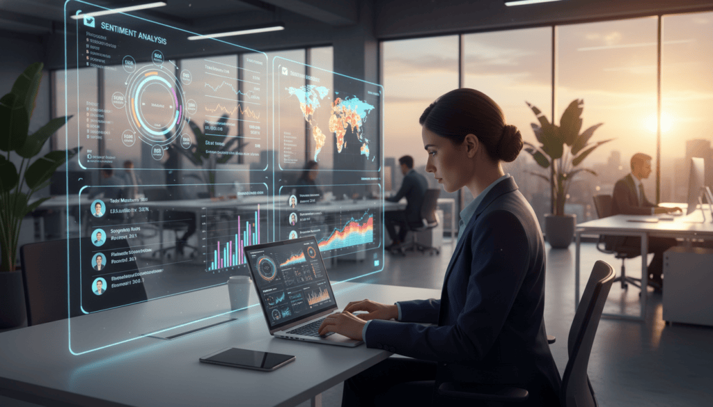 A modern office environment showcasing analytics and social listening capabilities. In the foreground, a professional individual dressed in smart business attire is intently analyzing colorful charts and graphs on a sleek laptop screen. In the middle ground, vibrant digital screens display real-time social media metrics and trend analytics, with notifications highlighted. The background features a contemporary office setting with large windows, allowing natural light to flood in, casting a warm glow over the scene. The atmosphere is dynamic and focused, conveying a sense of innovation and professionalism. Capture the image in photorealistic detail, using cinematic lighting to enhance the depth and clarity, with an emphasis on advanced technology. The resolution should be 8k to highlight intricate details.
