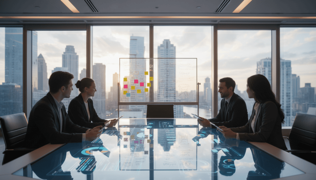 A modern office environment with a focus on team collaboration and integrated analytics. In the foreground, a diverse group of five professionals—two men and three women—gather around a sleek conference table, engaged in discussion while analyzing data on digital tablets and a large screen displaying colorful graphs and charts. In the middle ground, a stylish whiteboard covered with collaborative ideas and sticky notes can be seen. The background features large glass windows with a city skyline view, allowing natural light to pour in, enhancing the cinematic atmosphere. Soft ambient lighting highlights the group’s expressions and encourages a sense of teamwork and innovation. The image should be of photorealistic quality, rendered in 8k resolution.