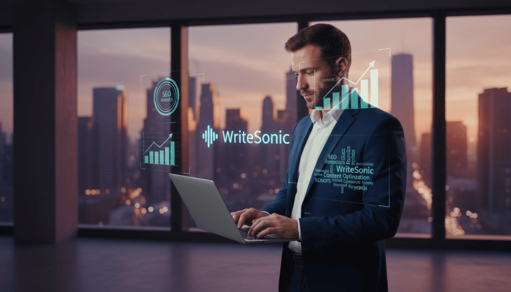 A modern office environment with a photorealistic depiction of a professional individual engrossed in writing on a sleek laptop, surrounded by digital content elements like SEO metrics, charts, and analytics visualizations floating around. The focus is on the person, dressed in smart business attire, engaged in creating SEO-optimized content using WriteSonic. The lighting is cinematic, highlighting the determination on their face, with soft shadows adding depth. In the background, a large window showcases a vibrant city skyline, emphasizing a forward-thinking atmosphere. The image should convey professionalism, innovation, and the evolution of content marketing, rendered in 8k resolution without any text.