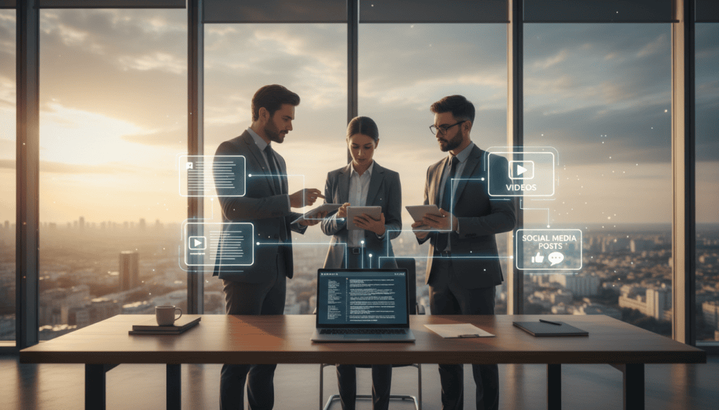 Business team collaborating on digital media strategies in office.