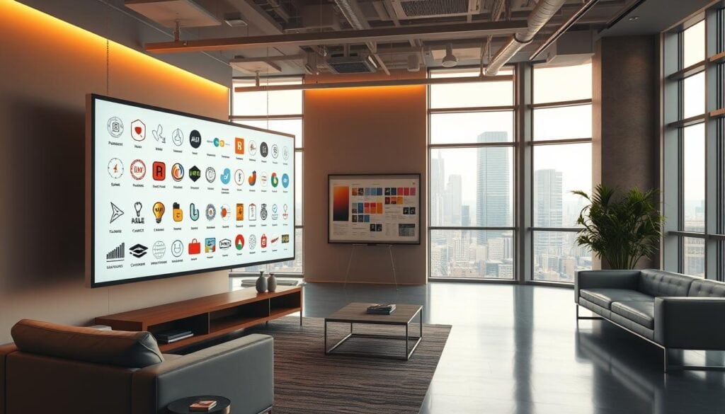 A modern office interior with a variety of customization options for branding and design. In the foreground, an array of interchangeable icons, logos, and graphic elements displayed on a large touchscreen display. Warm, cinematic lighting creates a professional atmosphere, highlighting the sleek, minimalist furniture and decor. In the middle ground, a whiteboard showcases mockups and color palettes, while the background features a panoramic view of the city skyline through floor-to-ceiling windows. The scene conveys a sense of creativity, flexibility, and attention to detail in crafting a unique digital magazine brand. Photorealistic, 8K resolution.