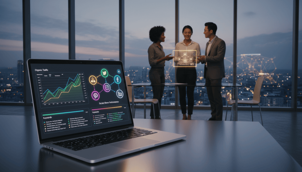 A modern office setting filled with vivid visuals representing SEO and social sharing integration features. In the foreground, a sleek laptop displays an interactive dashboard showing analytics, keywords, and social media icons, all highlighted with vibrant colors. In the middle ground, a diverse group of professionals in business attire collaborate, exchanging ideas with a digital tablet and discussing their strategies. The background features a large window with a cityscape view, indicating productivity and connectivity. The lighting is soft and cinematic, casting gentle shadows while emphasizing the technology on display. The overall mood is collaborative and innovative, capturing the essence of modern blogging and marketing integration, rendered in stunning 8k resolution without any text or overlays. A modern office setting filled with vivid visuals representing SEO and social sharing integration features. In the foreground, a sleek laptop displays an interactive dashboard showing analytics, keywords, and social media icons, all highlighted with vibrant colors. In the middle ground, a diverse group of professionals in business attire collaborate, exchanging ideas with a digital tablet and discussing their strategies. The background features a large window with a cityscape view, indicating productivity and connectivity. The lighting is soft and cinematic, casting gentle shadows while emphasizing the technology on display. The overall mood is collaborative and innovative, capturing the essence of modern blogging and marketing integration, rendered in stunning 8k resolution without any text or overlays.