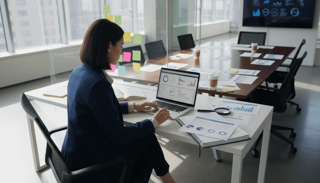 Businesswoman analyzing data on laptop in office.