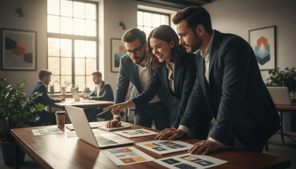 A modern office setting showcasing an elegant email template design on a sleek laptop placed on a polished wooden desk. In the foreground, a diverse group of three professionals, dressed in smart business attire, collaborate over the laptop, pointing at the vibrant, flexible email designs displayed on the screen. The middle layer highlights various email templates scattered around the desk, featuring colorful layouts, typography, and customizable options. The background reveals a bright and airy office with large windows letting in soft, natural light, complemented by artistic wall décor. The mood is creative and productive, evoking innovation and teamwork in the realm of email marketing. Photorealistic, cinematic lighting enhances the depth and detail of the scene, captured in 8k resolution.