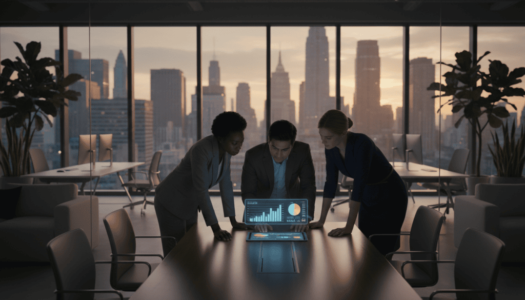 A modern office setting with a sleek conference room at the foreground, featuring a diverse group of three professionals in formal business attire engaged in focused discussion over a digital tablet displaying charts and data. The middle layer showcases a large glass window revealing a cityscape, softly illuminated by the golden light of dusk. In the background, elegant office furniture and potted plants enhance the professional ambiance. The atmosphere is dynamic yet contemplative, conveying the seriousness of corporate decision-making. The lighting is soft and cinematic, casting gentle shadows, while the scene is rendered in photorealistic 8K quality to highlight details and texture.