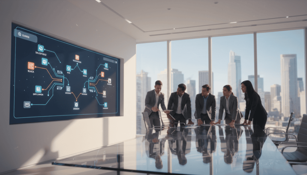 A modern office setting with a sleek, minimalist design, featuring a large digital monitor displaying a complex integrations automation workflow diagram. The foreground shows a diverse group of professionals in business attire, collaborating around a glass conference table, intently discussing the workflow on the screen. In the middle, the workflow diagram itself showcases interconnected icons representing various software tools and automation processes, highlighted with glowing lines to indicate flow and connection. The background features large windows with city skyline views, filled with natural sunlight, creating a bright and optimistic atmosphere. The scene is captured in photorealistic quality, with cinematic lighting accentuating the details, ensuring a clear focus on the professionals and the workflow visualization.