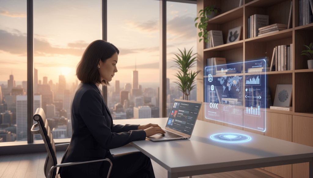 A modern office setting with a sleek, minimalist design in the foreground. A professional woman in business attire is sitting at a contemporary desk, focused on writing on a laptop, with various AI writing tools displayed on the screen. Beside her, a holographic interface showcases data analytics and keyword optimization guided by AI, glowing softly. In the middle ground, a large window reveals a cityscape bathed in warm, golden hour lighting, enhancing the ambiance of innovation and productivity. The background features shelves with books on content strategy and creativity, contributing to the environment of a creative workspace. The overall mood is one of professionalism and inspiration, captured in stunning 8k resolution with cinematic lighting that highlights the subject.