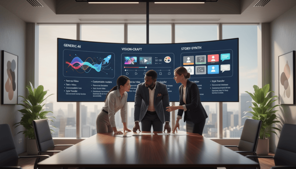 A modern office setting with a sleek wooden desk in the foreground, where a diverse group of three professionals—an Asian woman, a Black man, and a Caucasian woman—discuss the features of various AI video generators displayed on a large screen. The professionals are dressed in professional business attire, exuding focus and collaboration. In the middle ground, the screen shows a colorful comparison chart of video generator interfaces, with icons and features prominently displayed. The background features contemporary office elements such as potted plants and large windows with natural light pouring in, creating a warm and inviting atmosphere. The scene is captured with cinematic lighting, emphasizing facial expressions and details, presented in stunning 8k quality. A modern office setting with a sleek wooden desk in the foreground, where a diverse group of three professionals—an Asian woman, a Black man, and a Caucasian woman—discuss the features of various AI video generators displayed on a large screen. The professionals are dressed in professional business attire, exuding focus and collaboration. In the middle ground, the screen shows a colorful comparison chart of video generator interfaces, with icons and features prominently displayed. The background features contemporary office elements such as potted plants and large windows with natural light pouring in, creating a warm and inviting atmosphere. The scene is captured with cinematic lighting, emphasizing facial expressions and details, presented in stunning 8k quality.