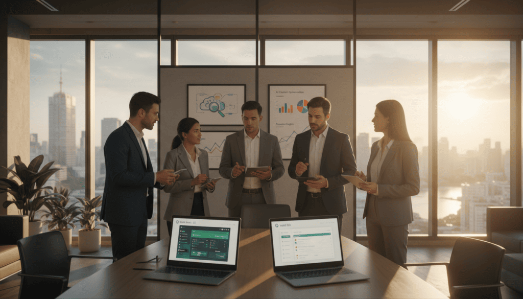 Business team collaborating in modern office.