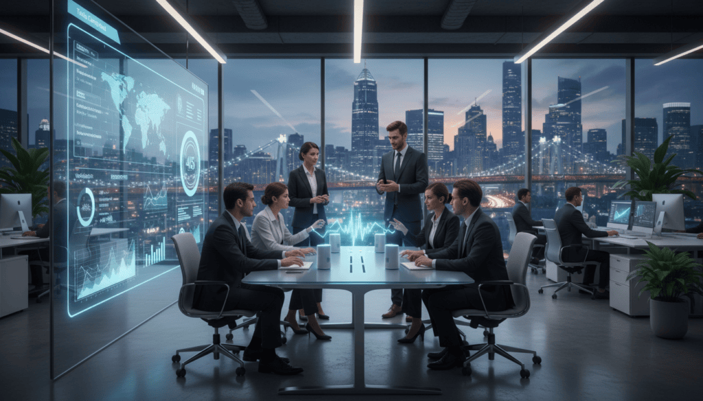 Business professionals discussing data and charts.