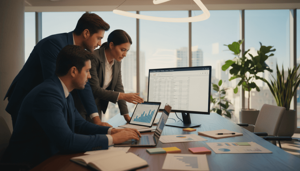 A modern office workspace featuring a detailed SERP analysis on a sleek computer monitor. In the foreground, a diverse group of professionals—two men and one woman—collaborate intently, dressed in professional business attire, analyzing charts and graphs that represent keyword research data on their laptops and digital tablets. The middle ground showcases a polished wooden conference table scattered with marketing reports and sticky notes. In the background, large windows filter in natural light, creating a bright and inviting atmosphere, while potted plants add a touch of greenery. The scene conveys a sense of focus and teamwork, illuminated by soft, cinematic lighting. The image should be photorealistic with 8k resolution, emphasizing the collaborative essence of SEO research.