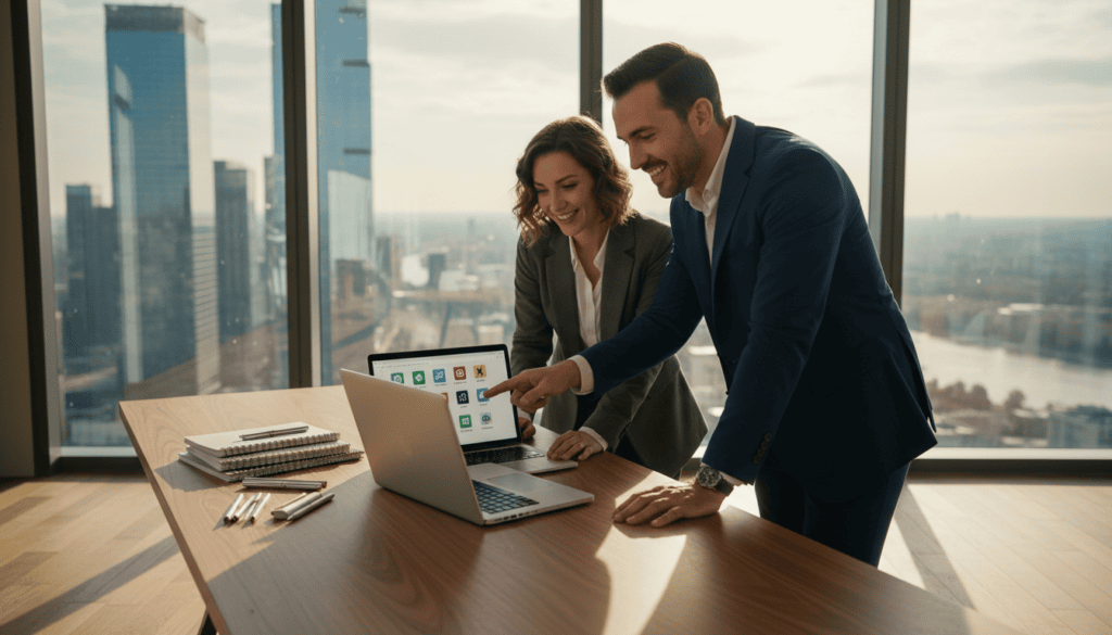 Business team collaborating at office desk.