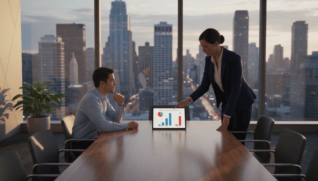 Businesswoman presenting data to colleague in conference room.