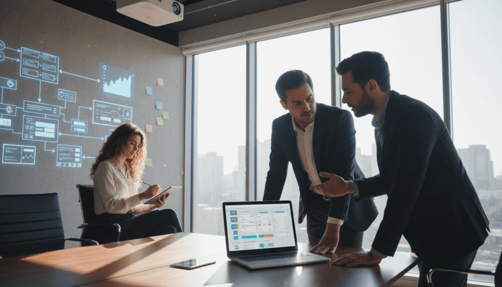 A modern, photorealistic office setting showcasing a diverse team of professionals collaborating on digital devices at a sleek conference table. In the foreground, a group of three individuals—two men and one woman, all in smart business attire—are engaged in a discussion, pointing at a large laptop screen displaying a collaborative software interface. In the middle ground, a projector displays virtual charts and brainstorming notes on a nearby wall, while an additional team member, a woman in modest casual clothing, takes notes on a tablet. The background features large windows with natural light flooding in, creating a warm atmosphere. Cinematic lighting enhances the professional ambiance, revealing a dynamic environment ideal for teamwork and cooperation. Shot in 8k resolution, capturing every detail without any text or overlays.